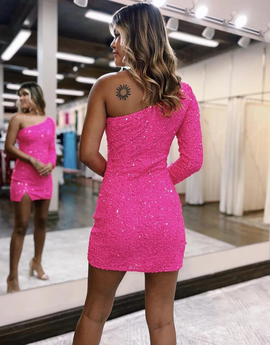 One Shoulder Long Sleeves Sequin Homecoming Dress With Split